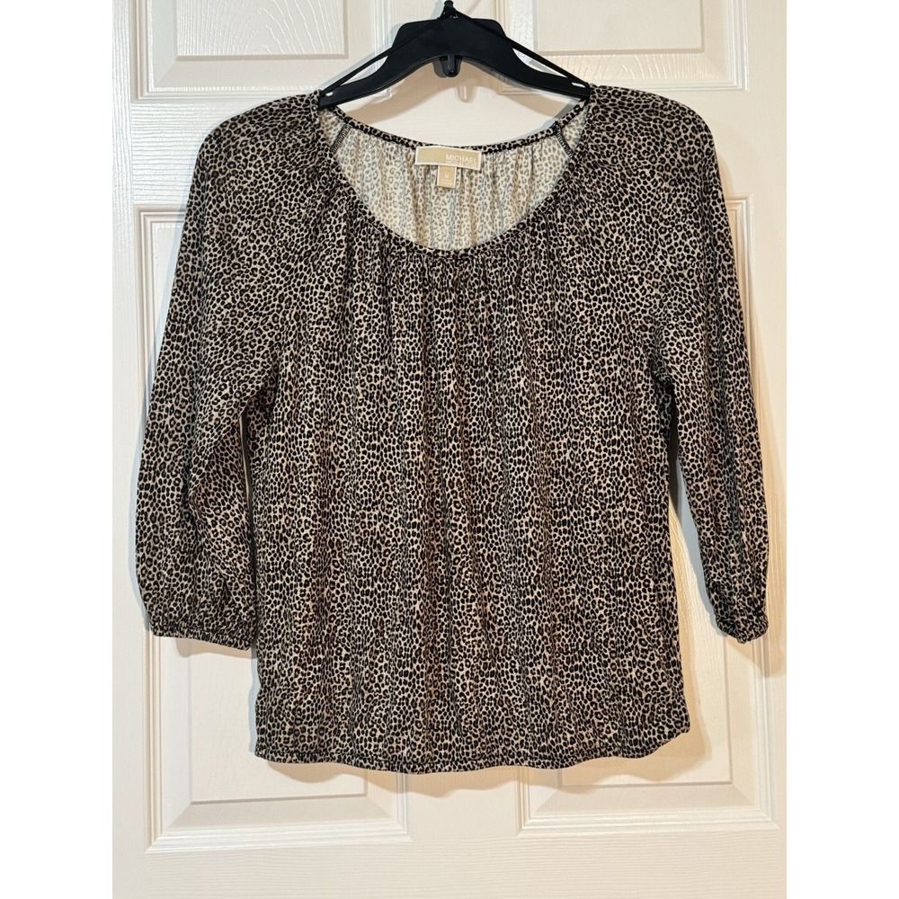 MICHAEL KORS Leopard Print 3/4 Sleeve Boat Neck Top Size M - Picture 1 of 5